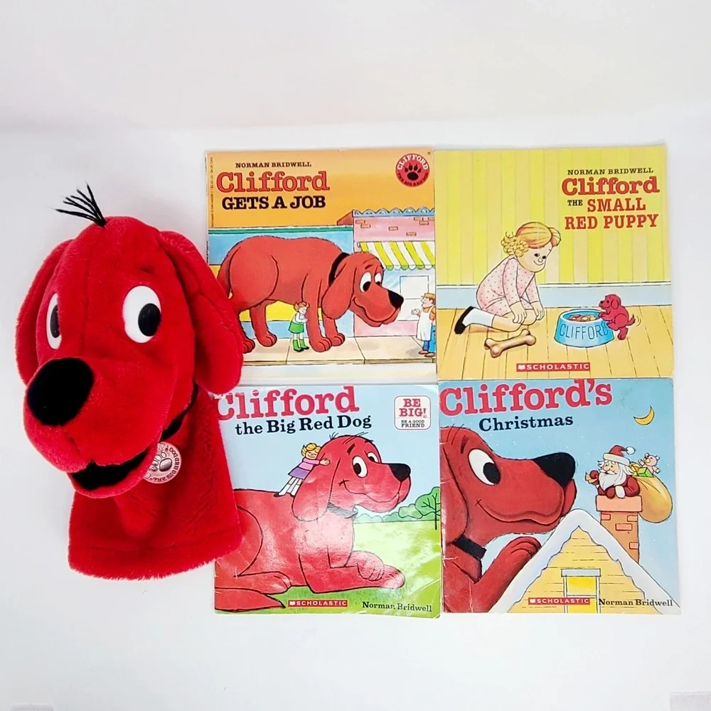 VINTAGE 1990 Clifford Big Red Dog Hand Puppet + 4 Books STORYTIME Dakin‎ PBS